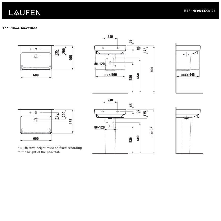H8109630001041 Laufen Pro S 60 x 46,5 cm pravokotni stenski keramični umivalnik z odprtino za armaturo