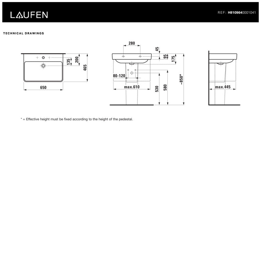 H8109640001041 Laufen Pro S 65 x 46,5 cm pravokotni stenski keramični umivalnik z odprtino za armaturo