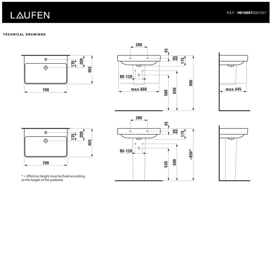 H8109670001041 Laufen Pro S 70 x 46,5 cm pravokotni stenski keramični umivalnik z odprtino za armaturo