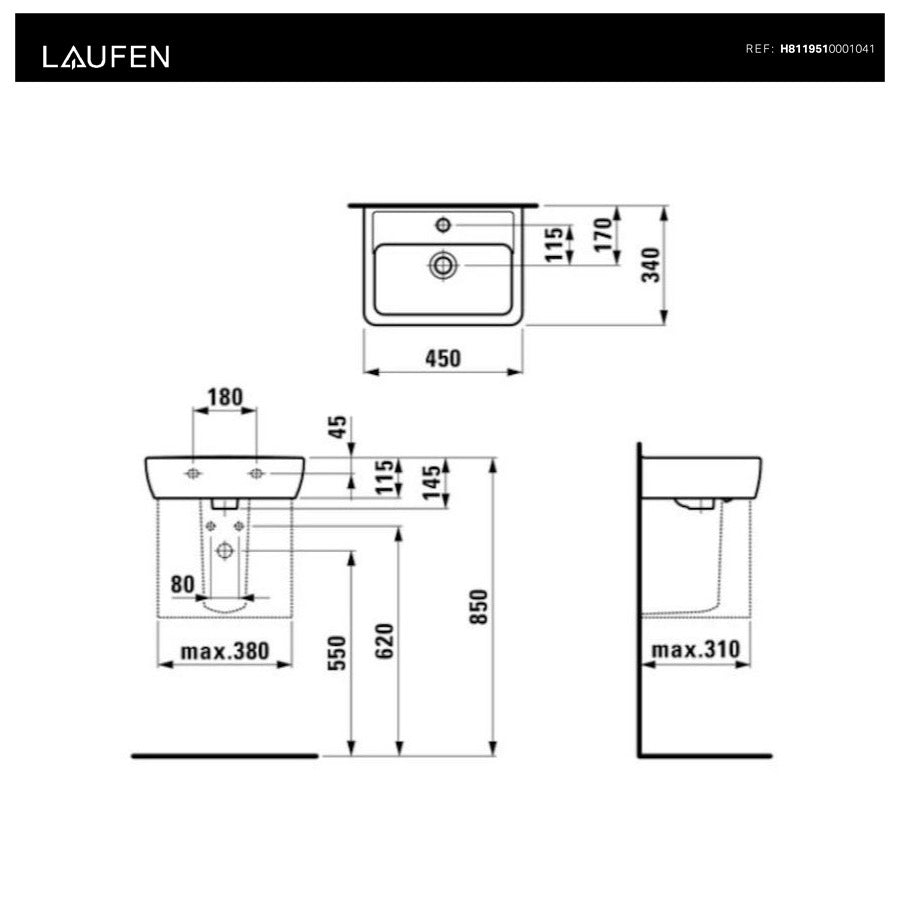 H8119510001041 Laufen Pro 45 x 34 cm pravokotni stenski keramični umivalnik z odprtino za armaturo
