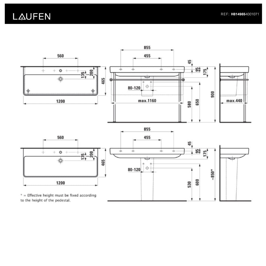 H8149654001071 Laufen Pro S 120 x 46 cm dvojni keramični umivalnik z 2 odprtinama