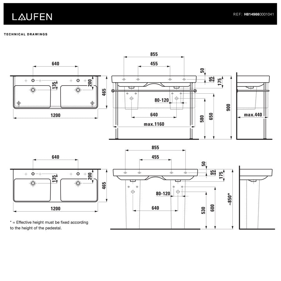 H8149660001041 Laufen Pro S 120 x 46 cm dvojni keramični umivalnik z 2 odprtinama