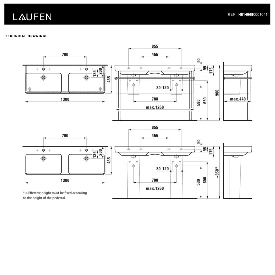 H8149680001041 Laufen Pro S 130 x 46 cm dvojni keramični umivalnik z 2 odprtinama