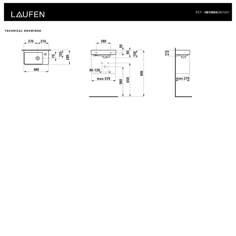 H8159540001041 Laufen Pro S 48 x 28 cm desna izvedba keramični umivalnik z odprtino za armaturo