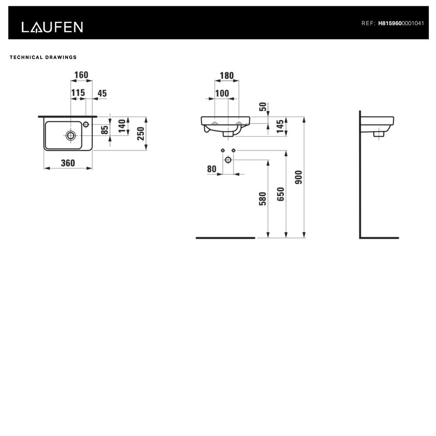 H8159600001041 Laufen Pro S 36 x 25 cm desna izvedba keramični umivalnik z odprtino za armaturo