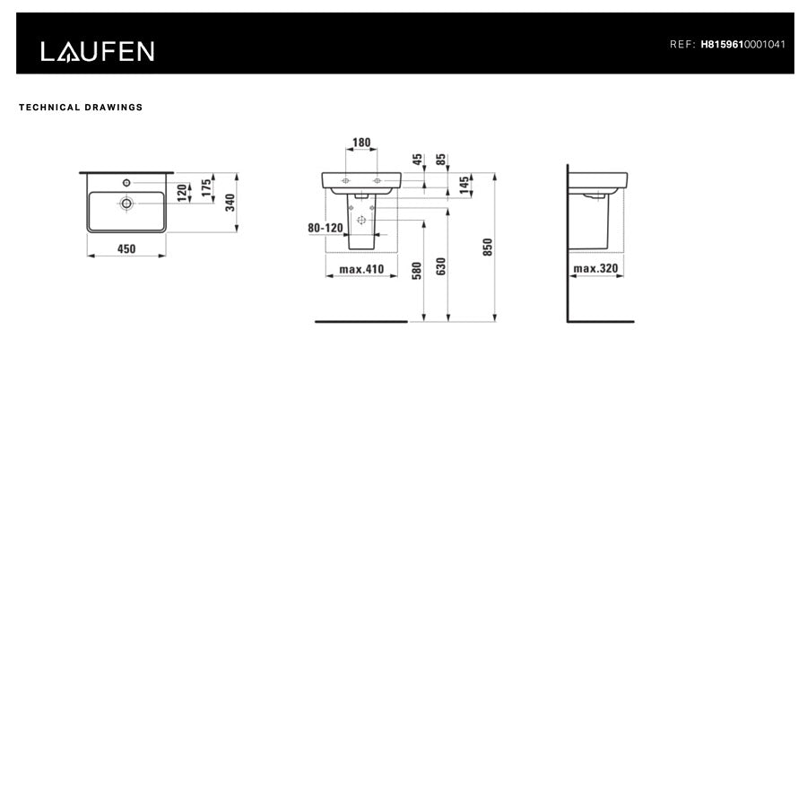 H8159610001041 Laufen Pro S 45 x 34 cm pravokotni stenski keramični umivalnik z odprtino za armaturo