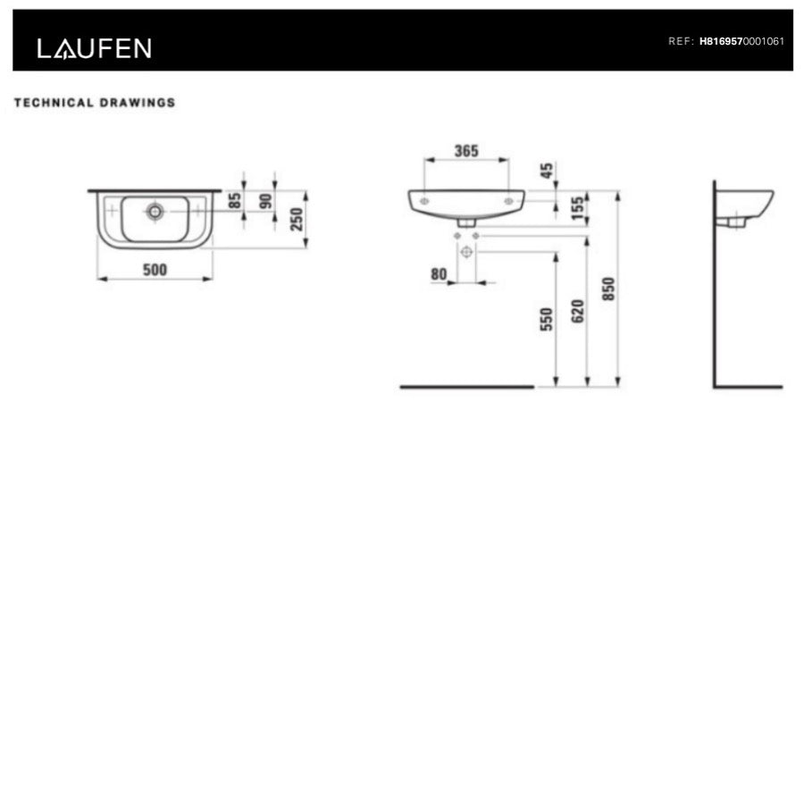 H8169570001061 Laufen Pro 50 x 25 cm desna izvedba keramični umivalnik z odprtino za armaturo