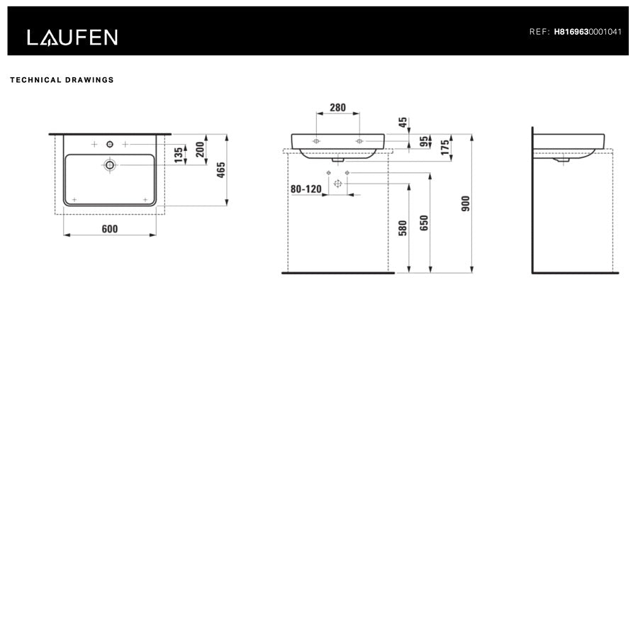 H8169630001041 Laufen Pro S 60 x 46,5 cm nadpultni keramični umivalnik z odprtino za armaturo