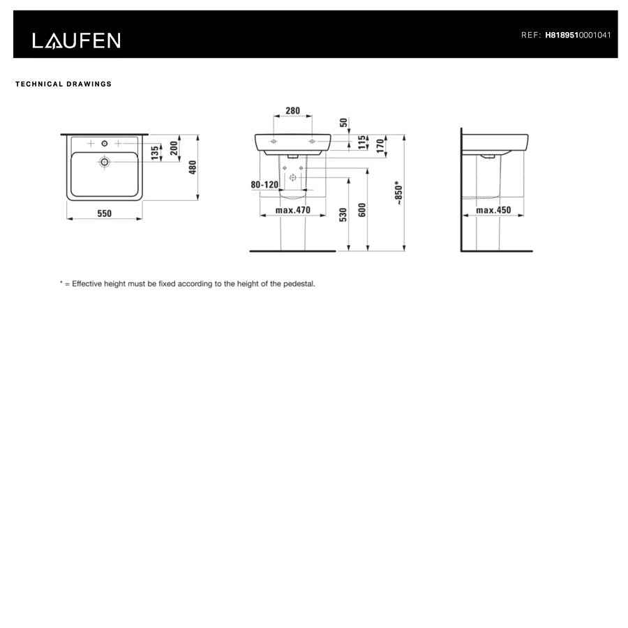H8189510001041 Laufen Pro 55 x 48 cm pravokotni stenski keramični umivalnik z odprtino za armaturo