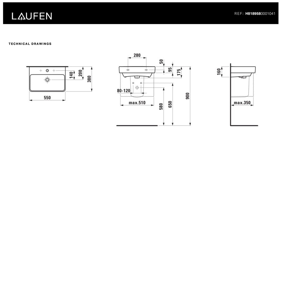 H8189580001041 Laufen Pro S 55 x 38 cm pravokotni stenski keramični umivalnik z odprtino za armaturo
