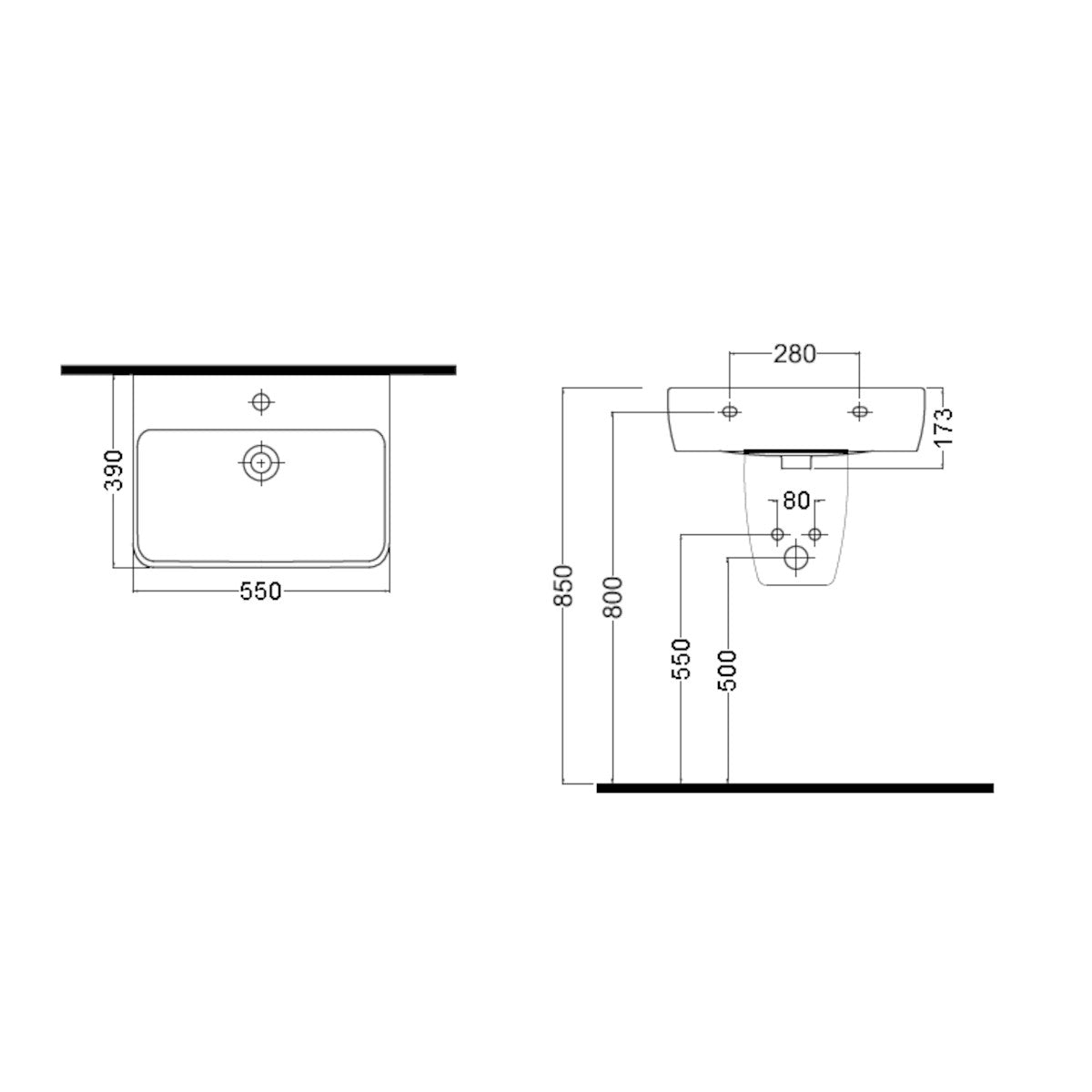 HA5540 Glacera Havana 55 x 40 cm pravokotni stenski keramični umivalnik z odprtino za armaturo