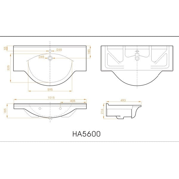 HA5600 Naturel Pro 102 x 50 cm vgradni keramični umivalnik z odprtino za armaturo