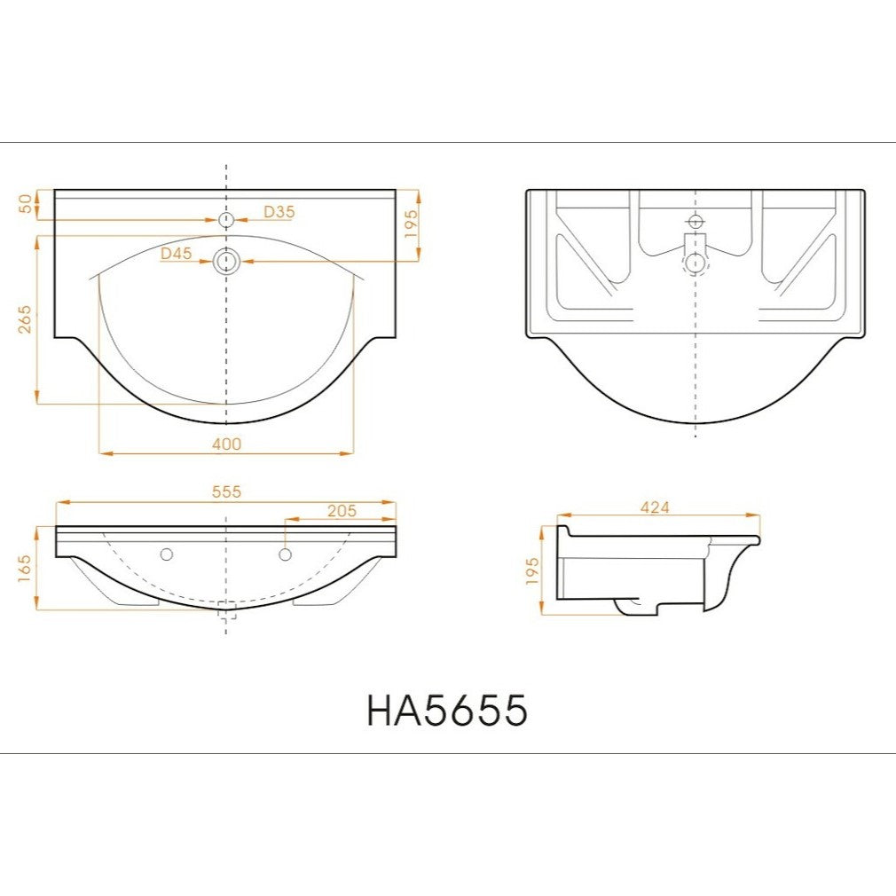 HA5655 Naturel Pro 56 x 42 cm vgradni keramični umivalnik z odprtino za armaturo