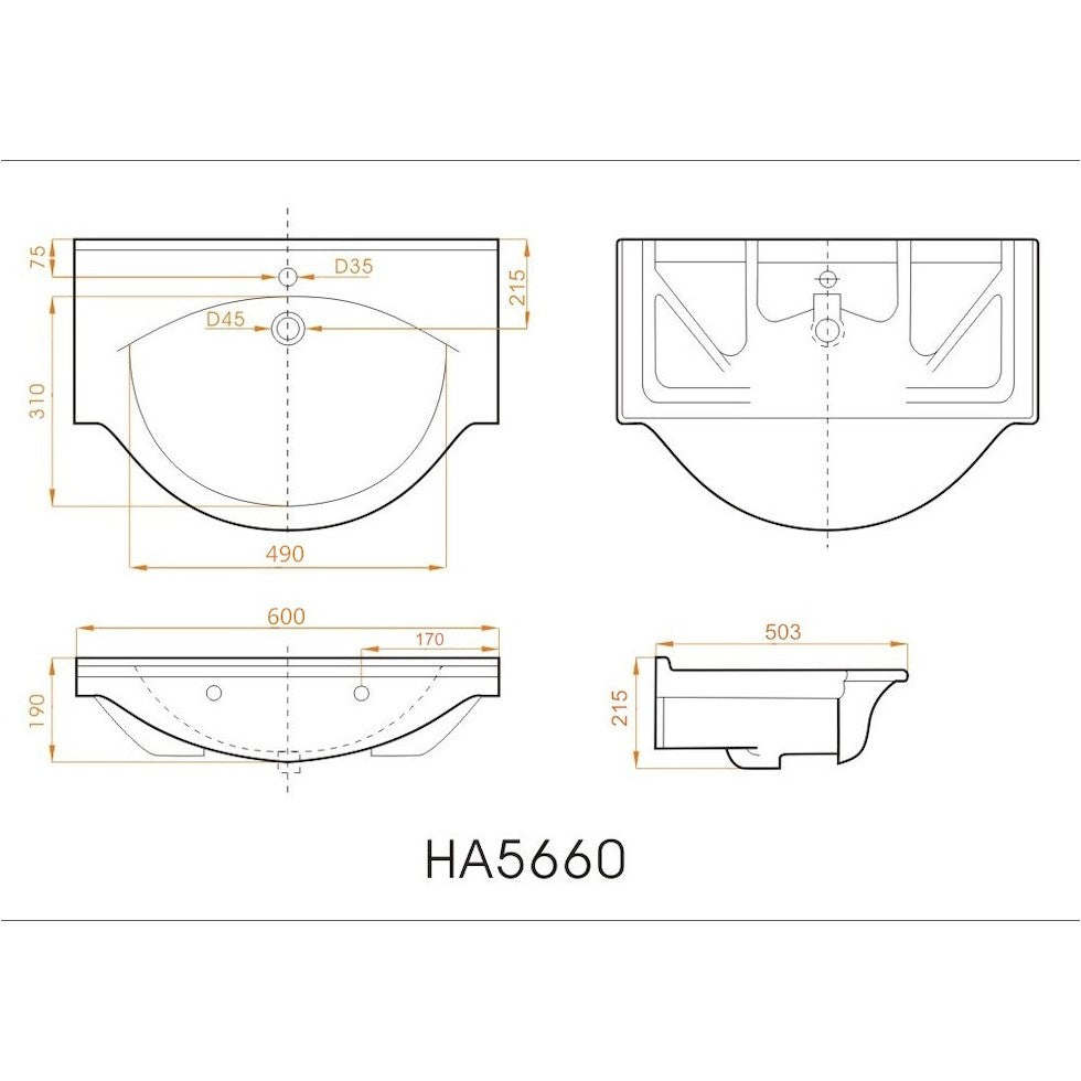 HA5660 Naturel Pro 61 x 50 cm vgradni keramični umivalnik z odprtino za armaturo