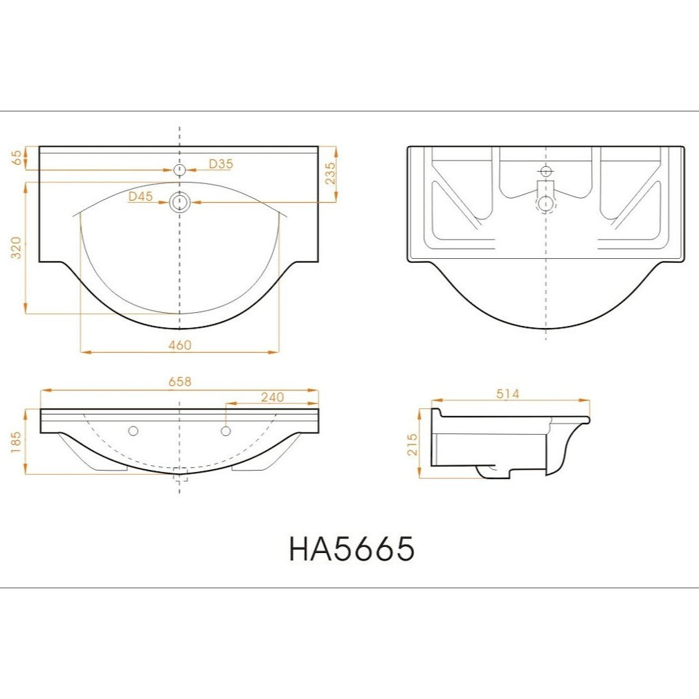 HA5665 Naturel Pro 66 x 51 cm vgradni keramični umivalnik z odprtino za armaturo