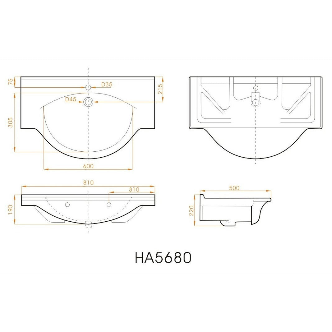 HA5680 Naturel Pro 81 x 50 cm vgradni keramični umivalnik z odprtino za armaturo