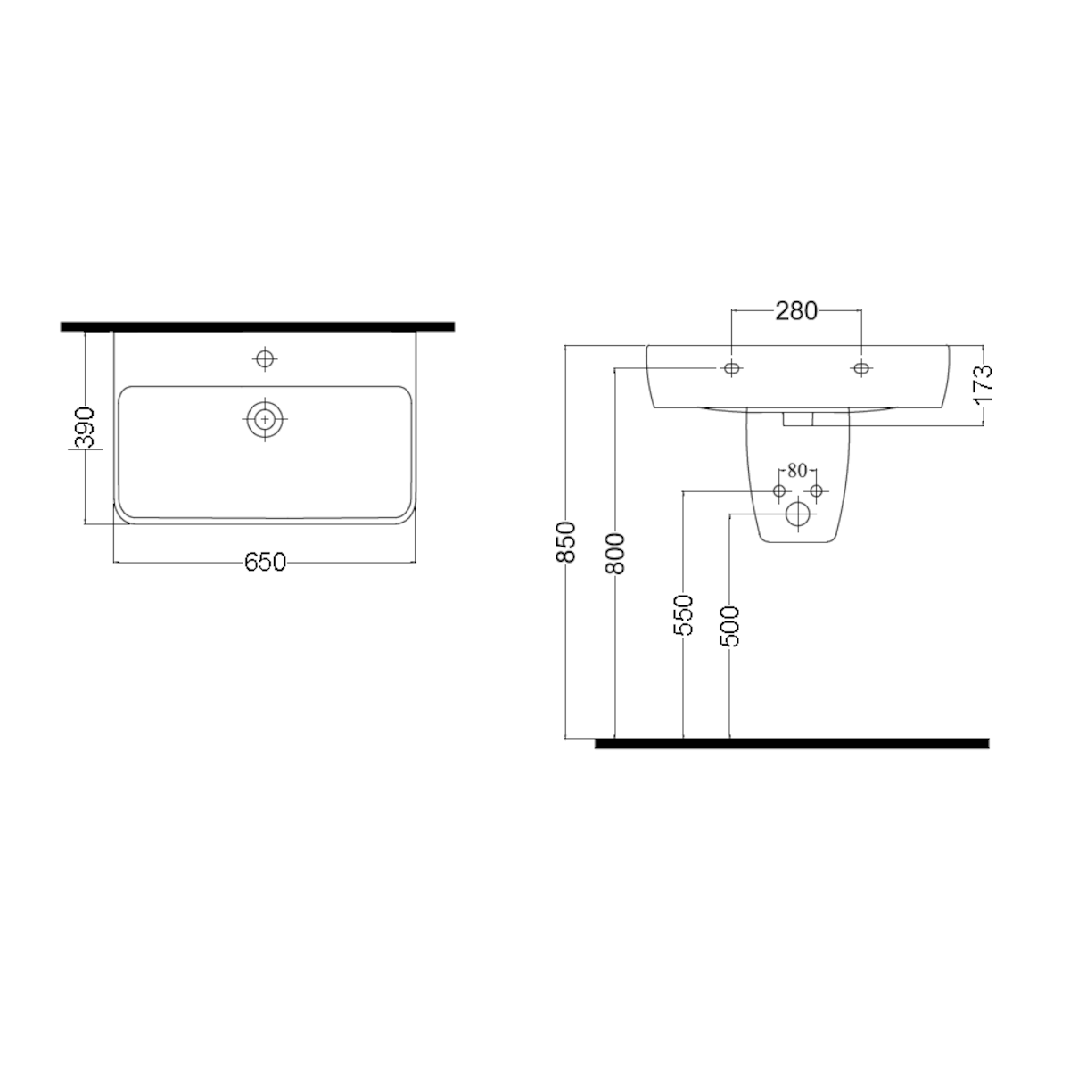 HA6540 Glacera Havana 65 x 40 cm pravokotni stenski keramični umivalnik z odprtino za armaturo