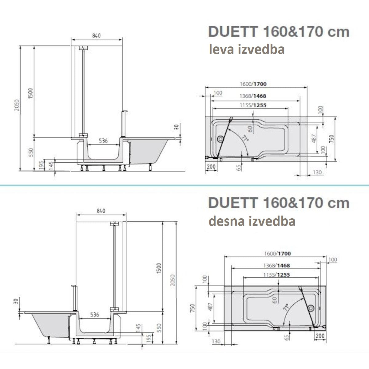 SIKOVAD170P Artweger Duett 170 x 75 cm kad z vratci - desna izvedba
