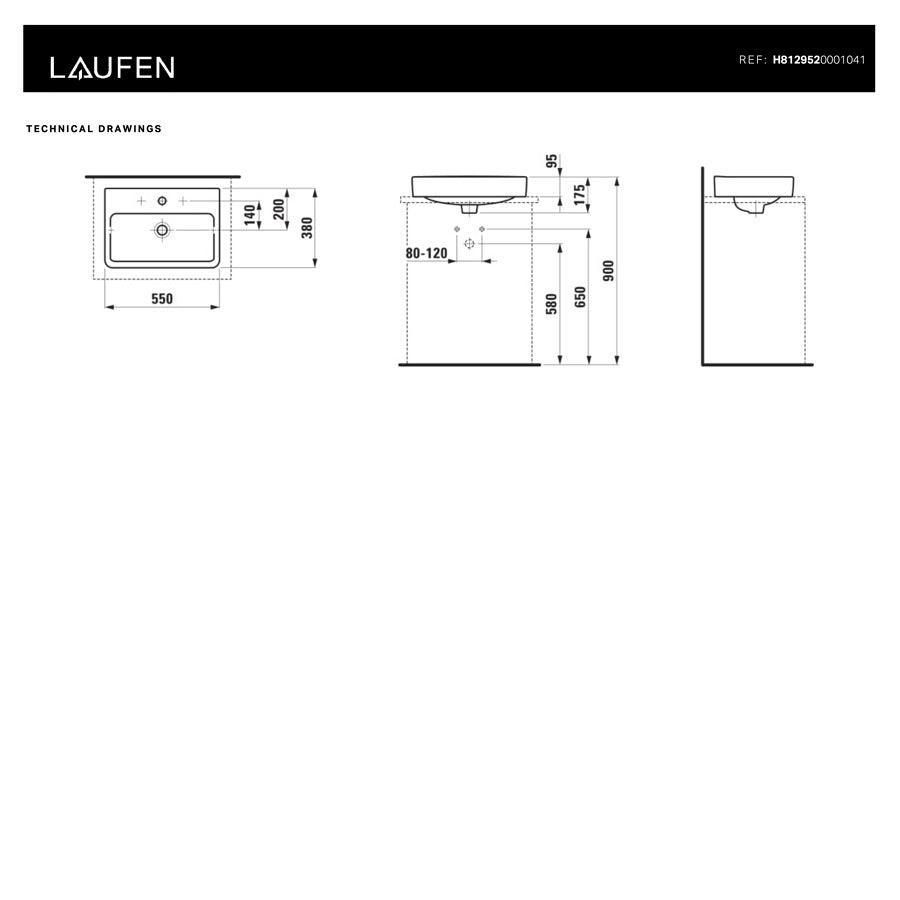 H8129520001041 Laufen Pro S 55 x 38 cm pravokotni nadpultni keramični umivalnik z odprtino za armaturo