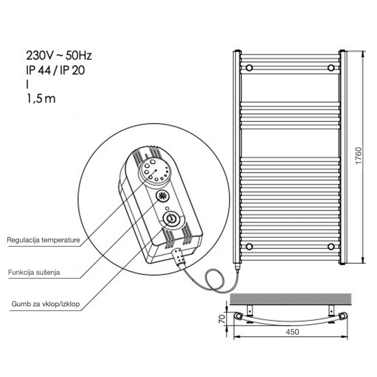 MAE4501760CR / MAER4501760CR Anima Marcus 45 cm x 176 cm električni kopalniški radiator