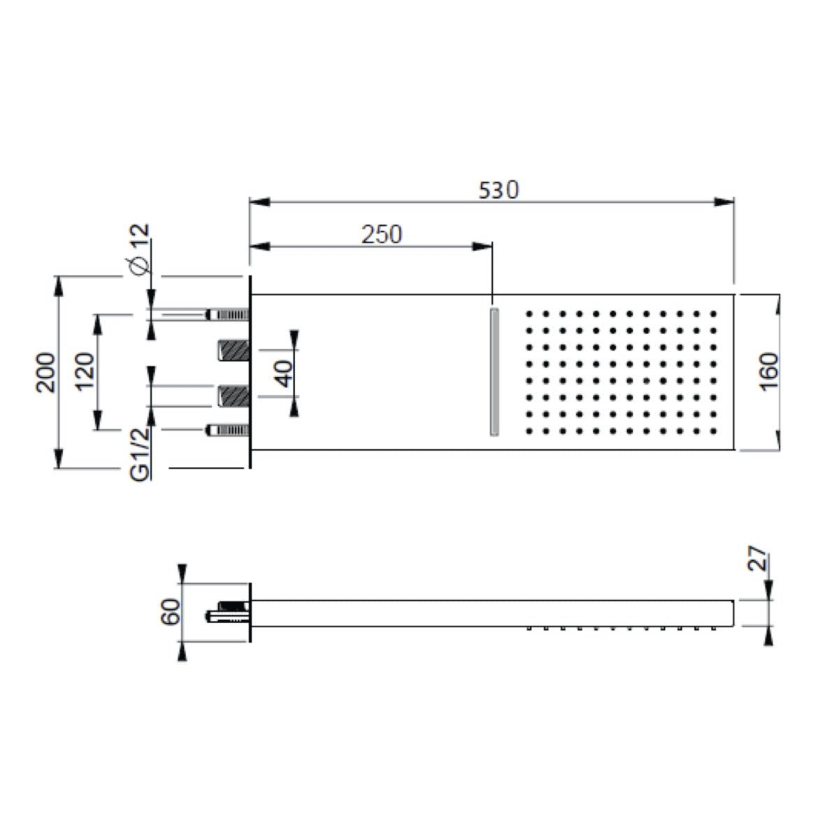 OPH002 Optima 53 cm x 16 cm nadglavna prha s funkcijo slapa