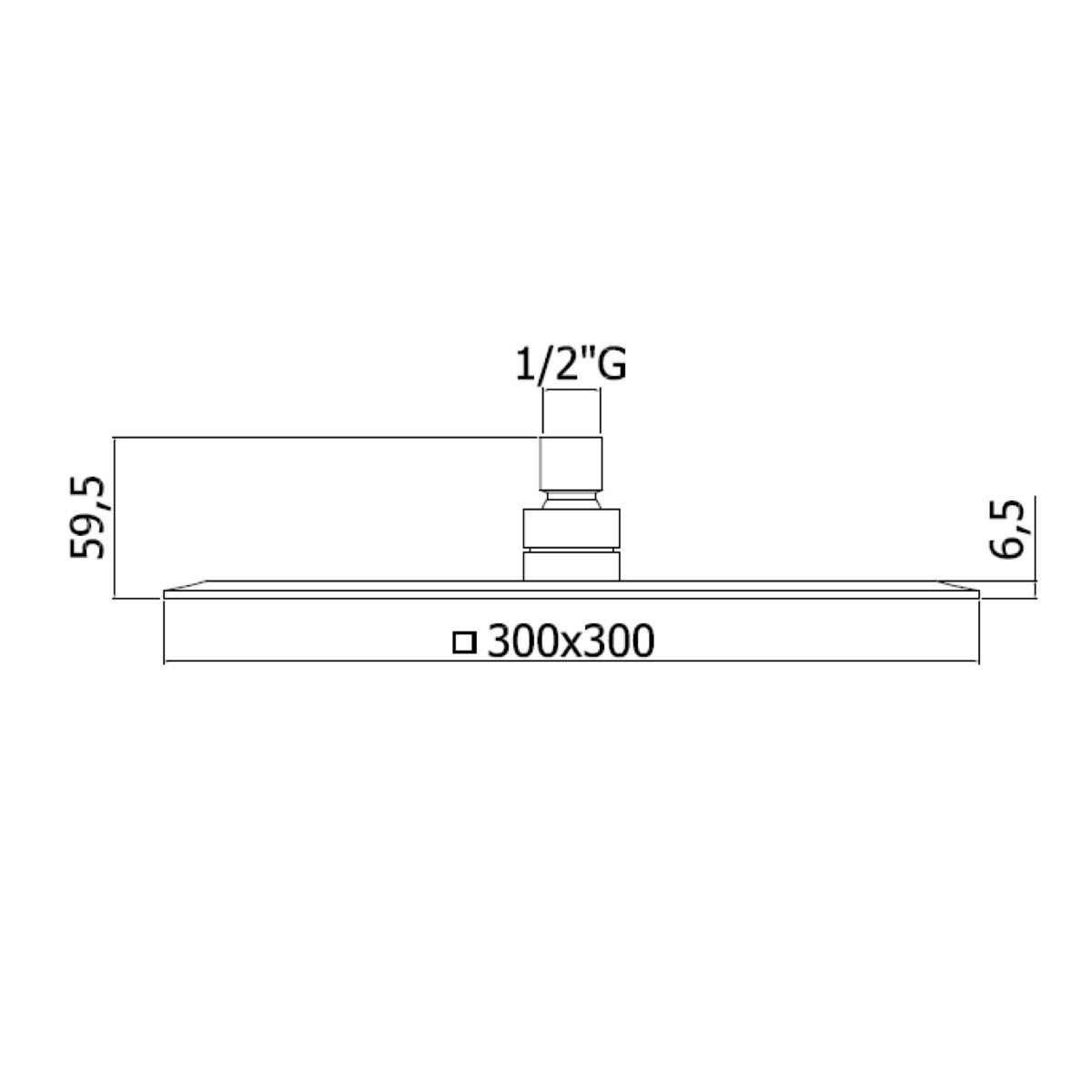 Tehnična skica nadglavne prhe: 300×300 mm, 1/2"G priključek