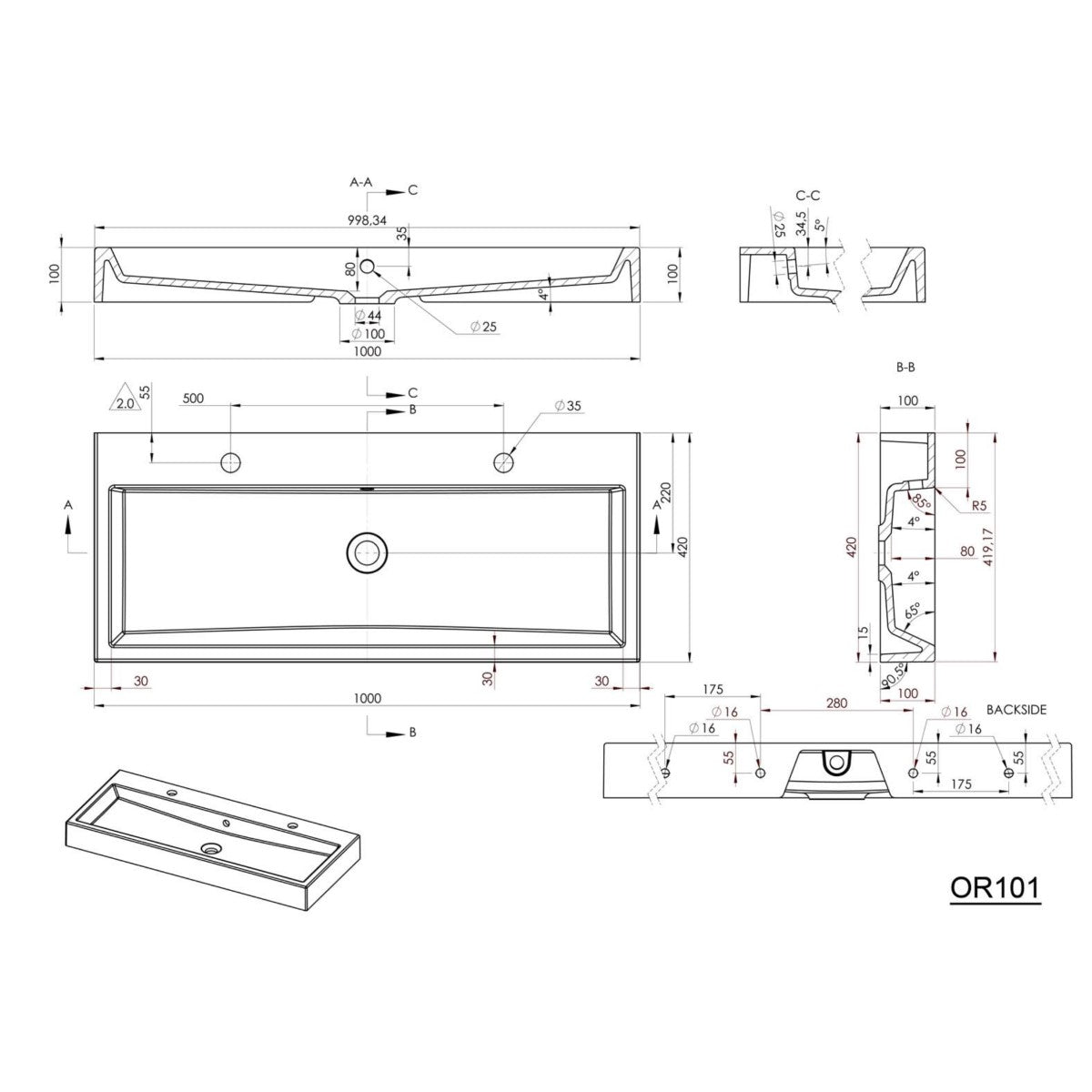 OR101 Sapho Orinoko 100 x 42 cm dvojni umivalnik iz litega marmorja z 2 odprtinama