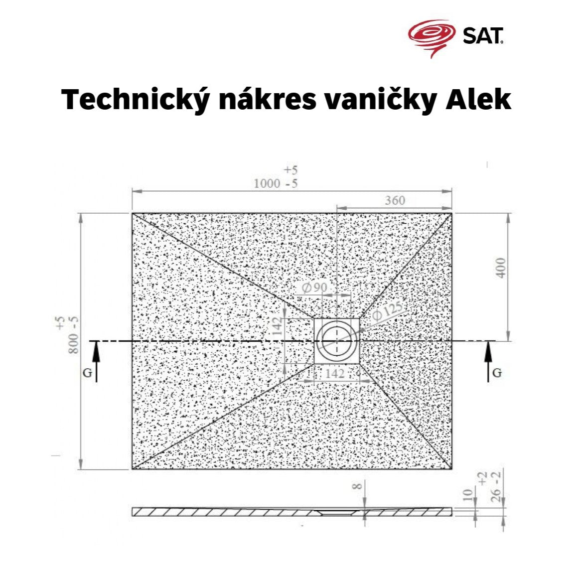 SATALEK10080S SAT Alek 100 x 80 cm pravokotna tuš kad iz litega marmorja