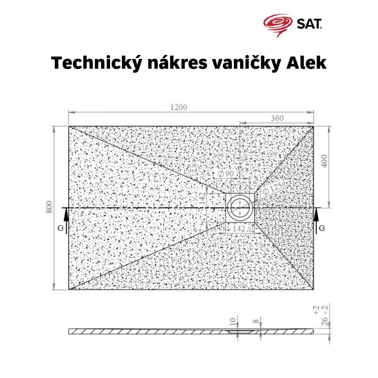 SATALEK12080 SAT B-WAY 120 x 80 cm pravokotna tuš kad iz litega marmorja črna