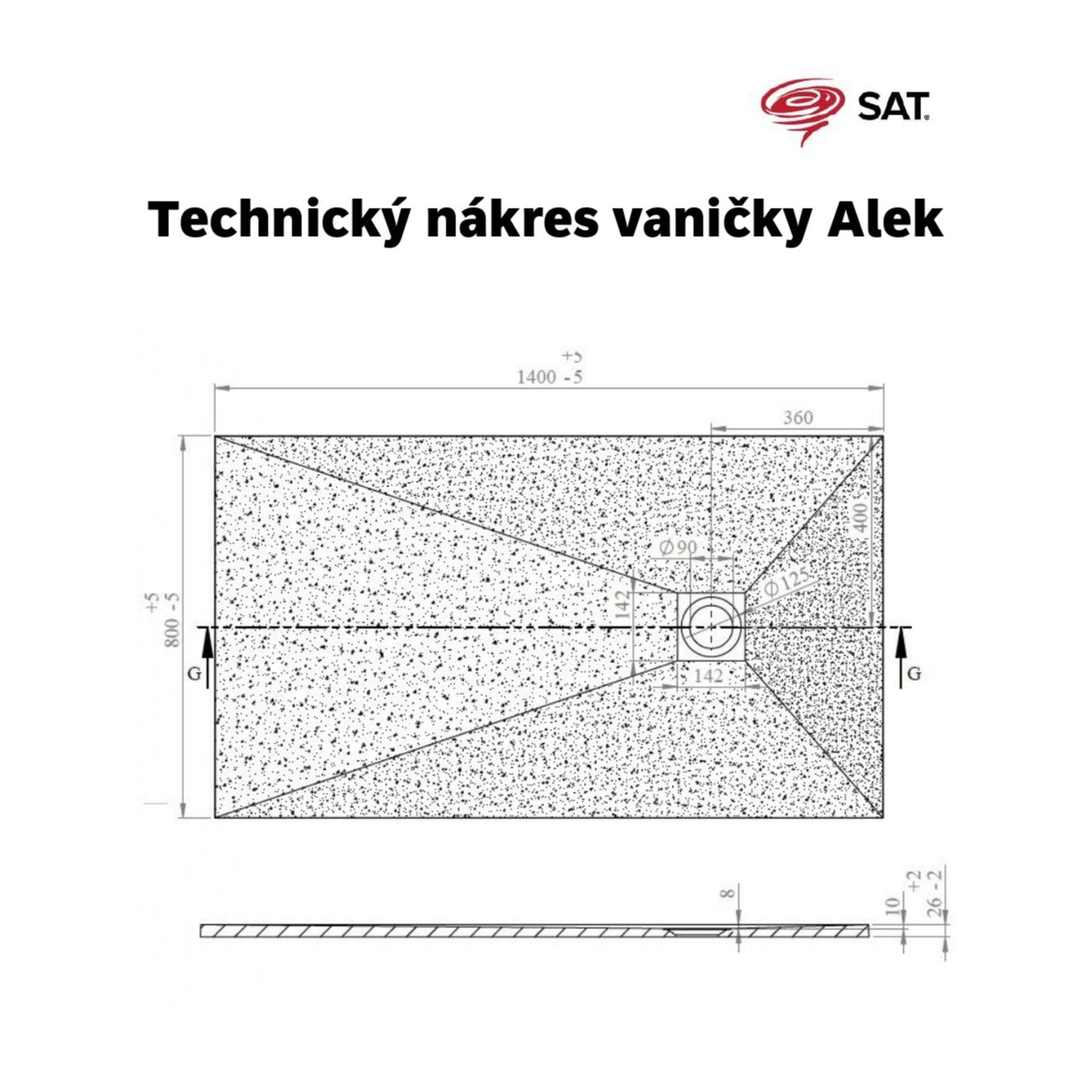 SATALEK14080 SAT B-WAY 140 x 80 cm pravokotna tuš kad iz litega marmorja črna