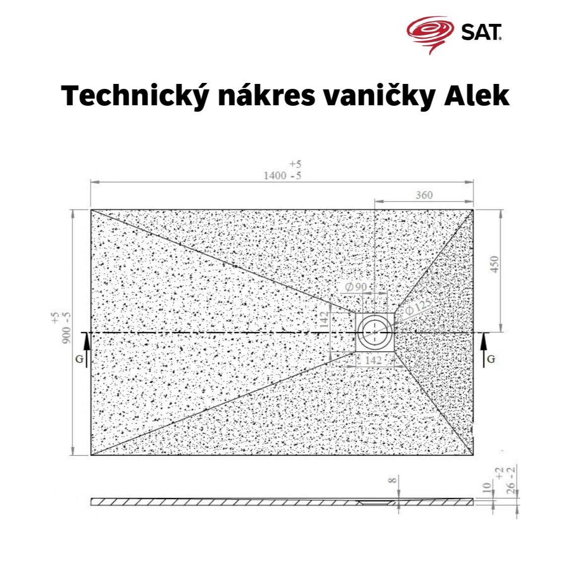 SATALEK14090 SAT Alek 140 x 90 cm pravokotna tuš kad iz litega marmorja črna