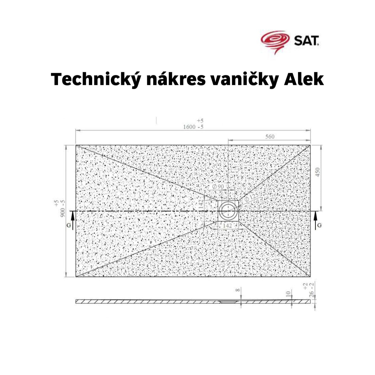 SATALEK16090 SAT Alek 160 x 90 cm pravokotna tuš kad iz litega marmorja črna