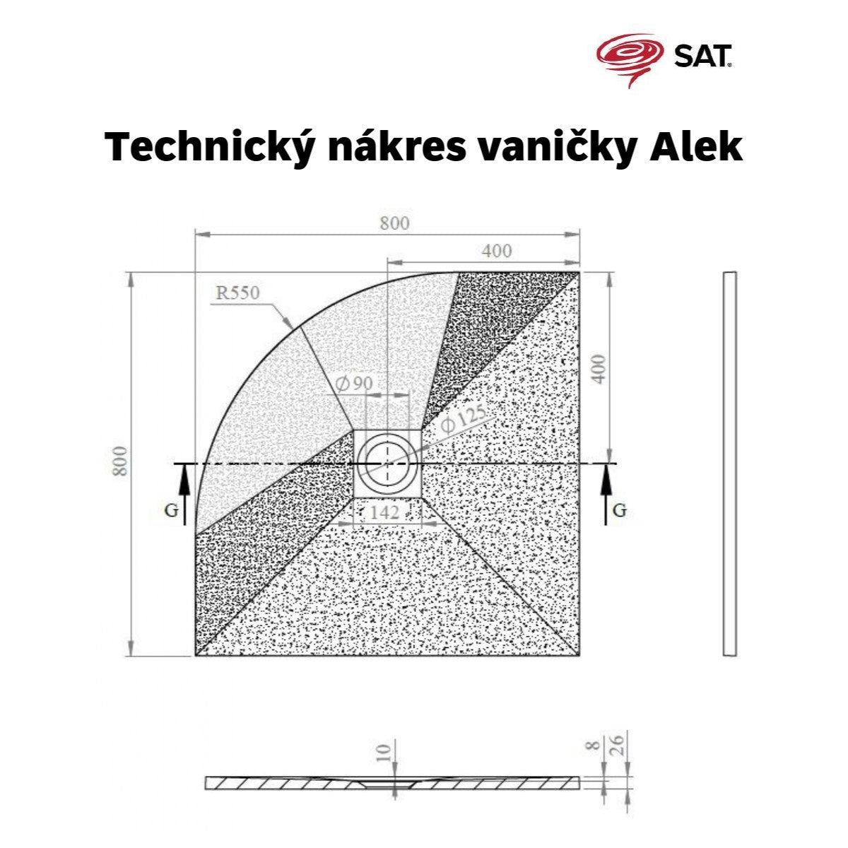 SATALEK80S SAT B-WAY 80 x 80 cm polkrožna tuš kad iz litega marmorja črna