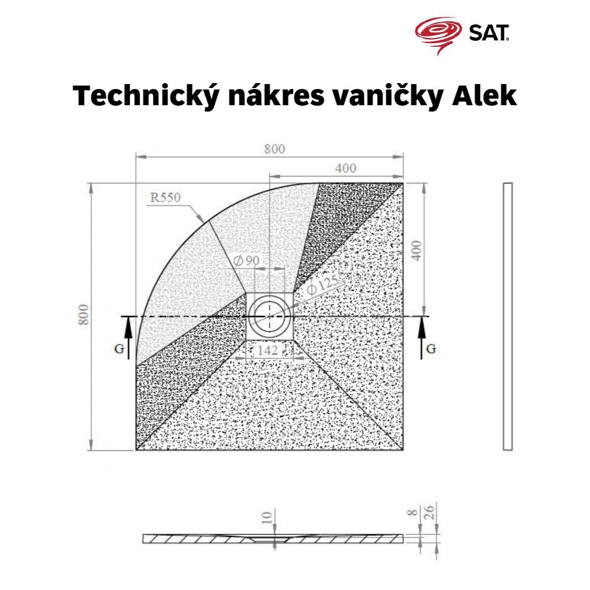SATALEK80SS SAT Alek 80 x 80 cm polkrožna tuš kad iz litega marmorja
