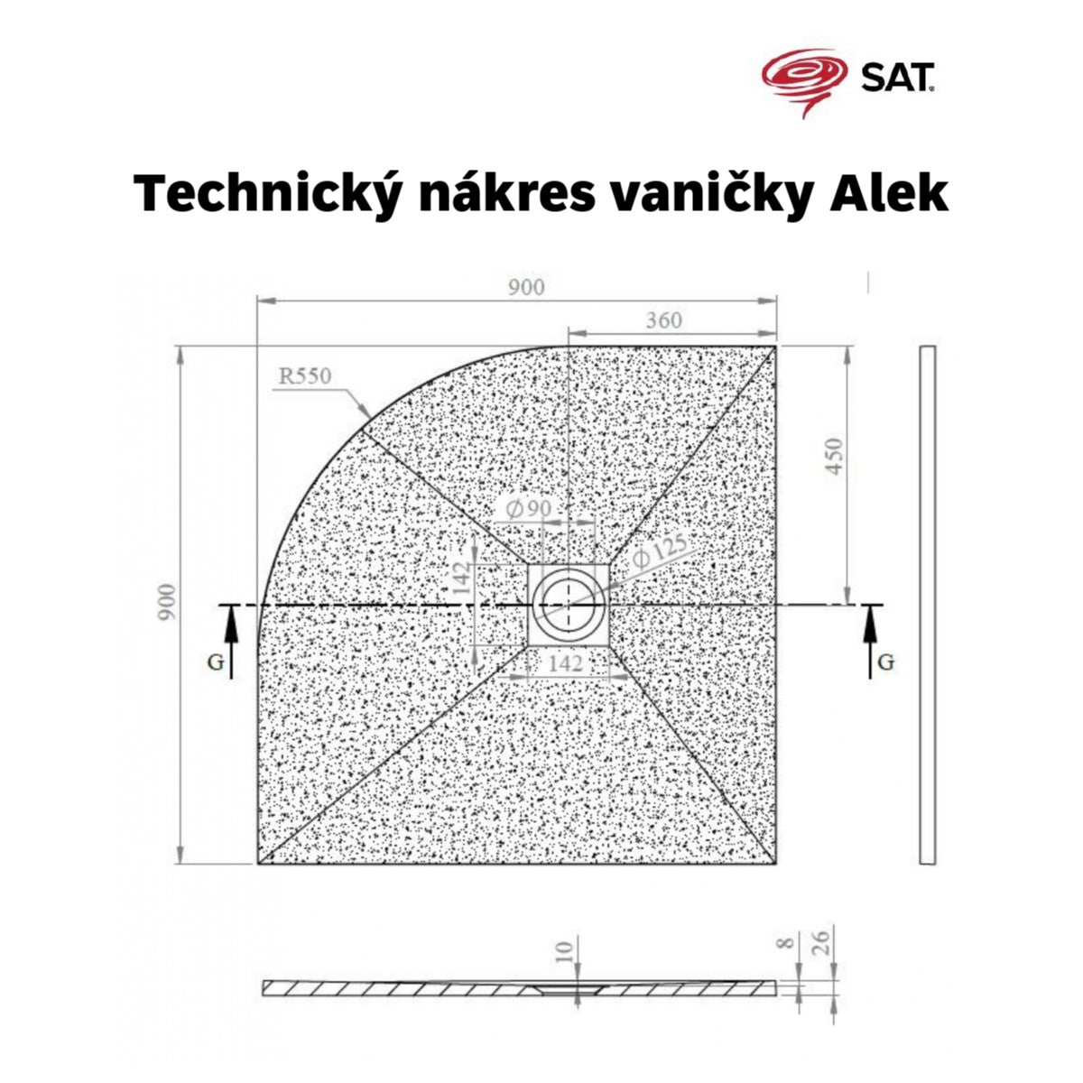 SATALEK90S SAT B-WAY 90 x 90 cm polkrožna tuš kad iz litega marmorja črna