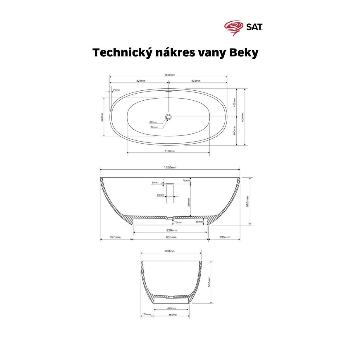 SATBEKY1700 SAT Beky prostostoječa kopalna kad iz litega marmorja