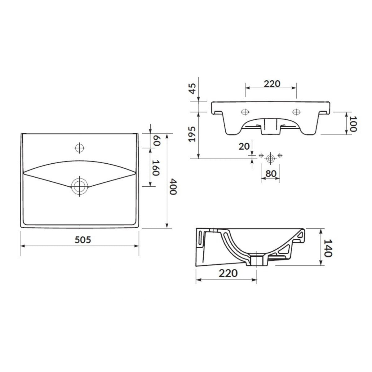 SATBRE5040S SAT Brevis 50 x 40 cm pravokotni stenski keramični umivalnik z odprtino za armaturo
