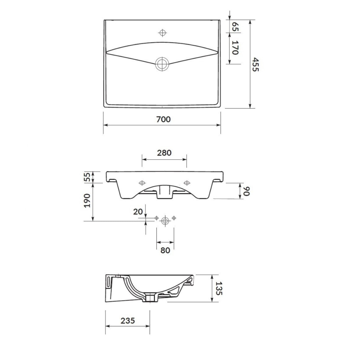 SATBRE7045S SAT Brevis 70 x 45,5 cm pravokotni stenski keramični umivalnik z odprtino za armaturo