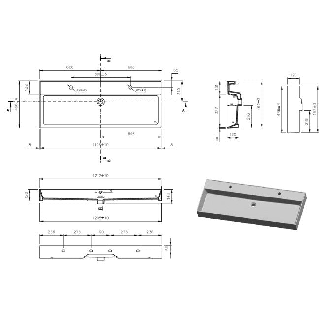 SATINF12046BKM SAT Infinitio 121 x 47 cm dvojni keramični umivalnik z 2 odprtinama črni