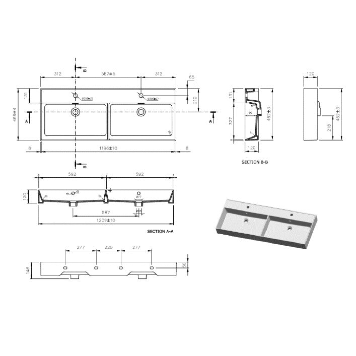 SATINF212046 SAT Infinitio 120 x 46,5 cm dvojni keramični umivalnik z 2 odprtinama