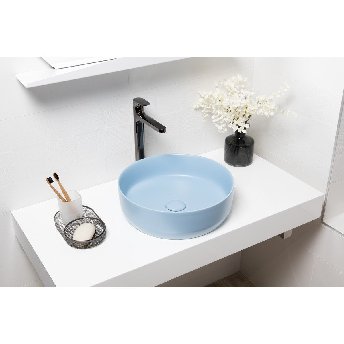 SATINF3939LBLM SAT Infinitio 39 x 39 cm okrogli modri nadpultni keramični umivalnik z mat zaključkom
