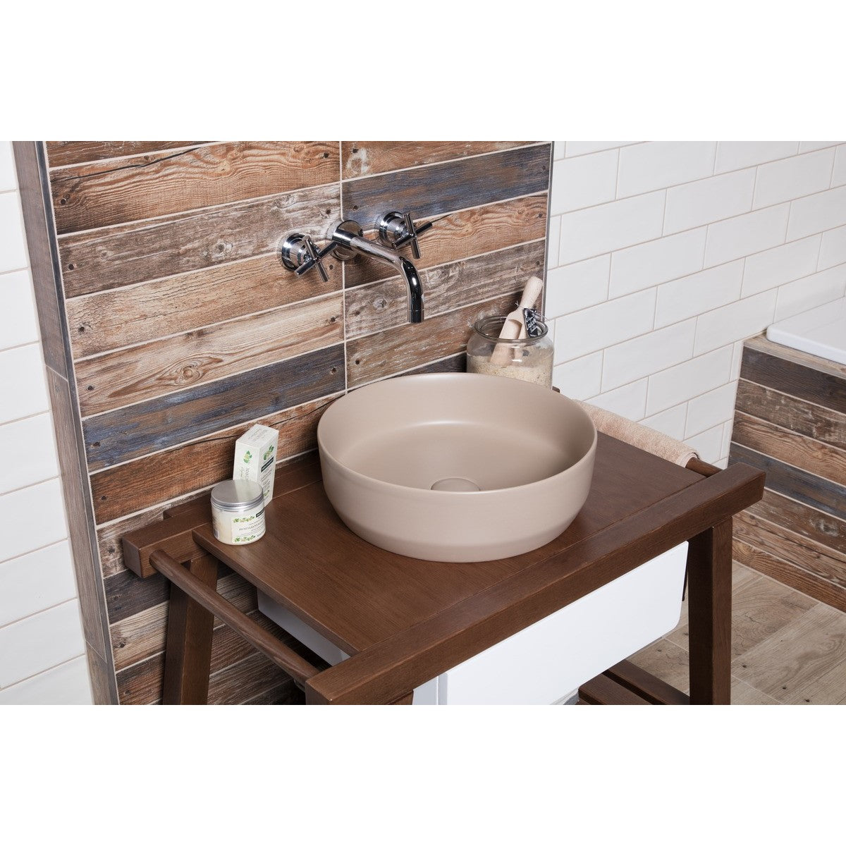 SATINF3939LBRM SAT Infinitio 39 x 39 cm okrogli bež nadpultni keramični umivalnik z mat zaključkom