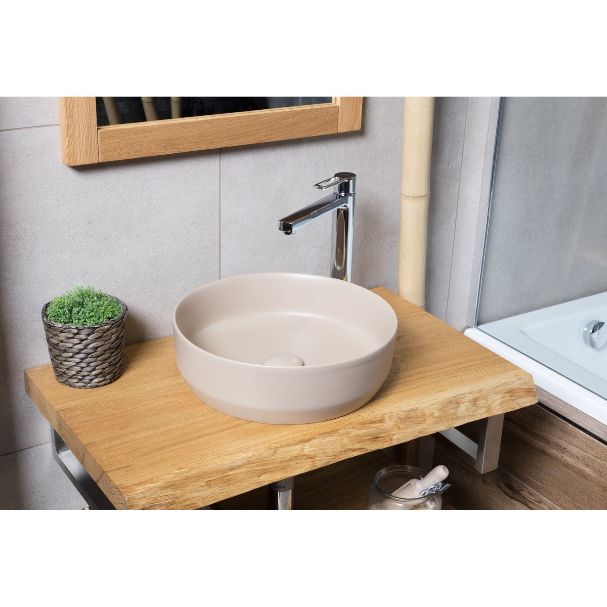 SATINF3939LBRM SAT Infinitio 39 x 39 cm okrogli bež nadpultni keramični umivalnik z mat zaključkom