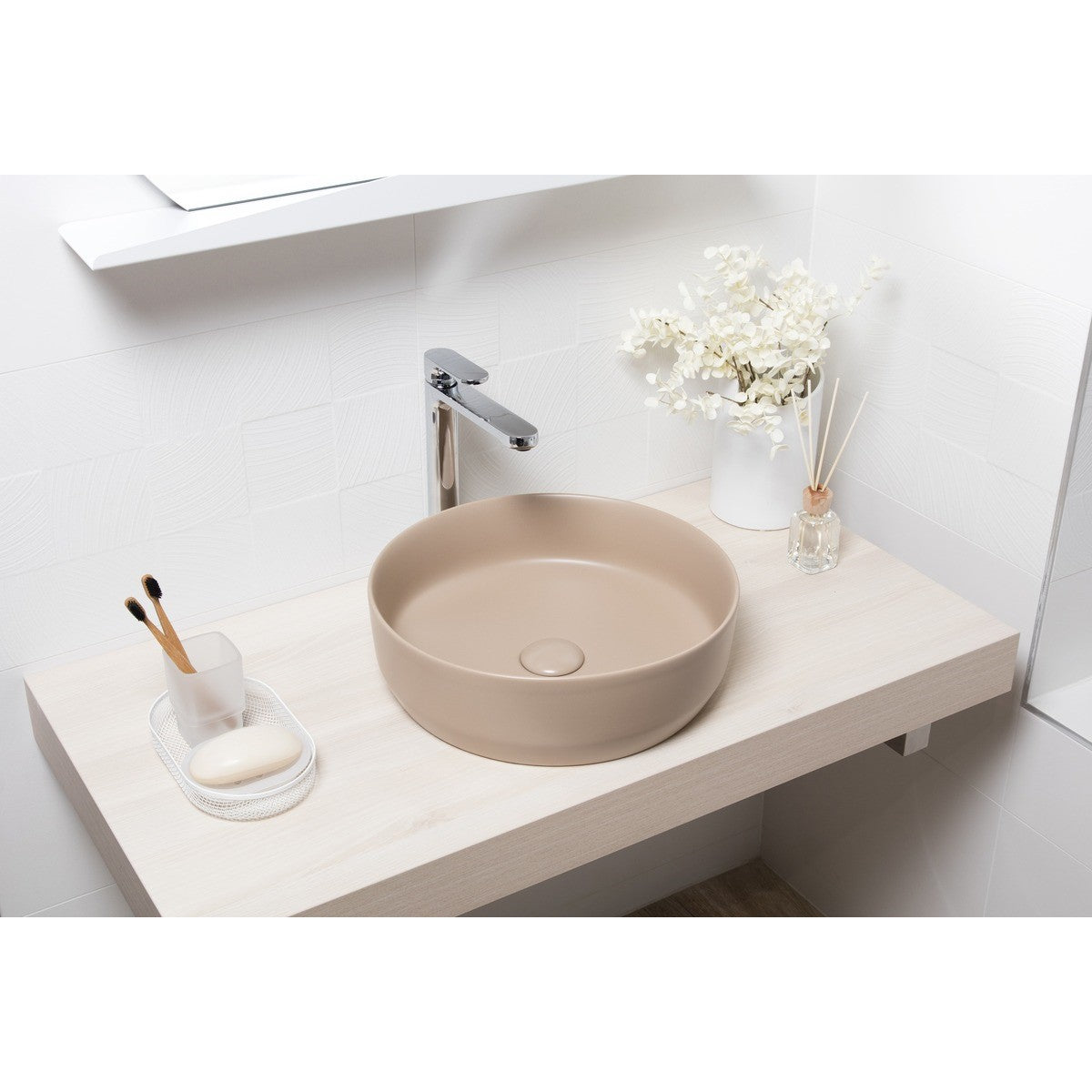 SATINF3939LBRM SAT Infinitio 39 x 39 cm okrogli bež nadpultni keramični umivalnik z mat zaključkom