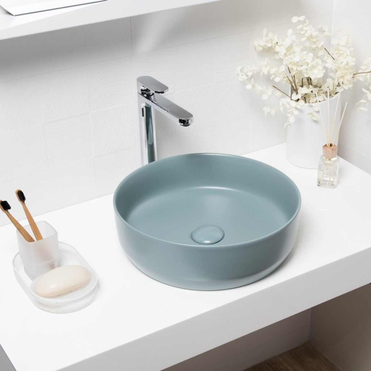 SATINF3939LGEM SAT Infinitio 39 x 39 cm okrogli zeleni nadpultni keramični umivalnik z mat zaključkom