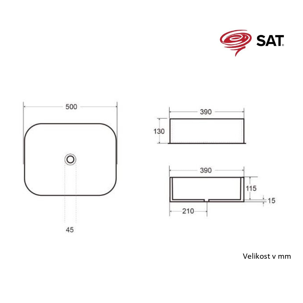 SATINF5039BKM SAT Infinitio 50 x 39 cm pravokotni črni nadpultni keramični umivalnik z mat zaključkom