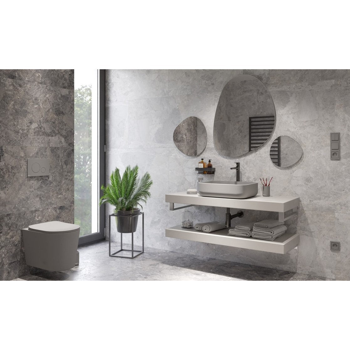 SATINF5039LGRM SAT Infinitio 50 x 39 cm pravokotni sivi nadpultni keramični umivalnik z mat zaključkom