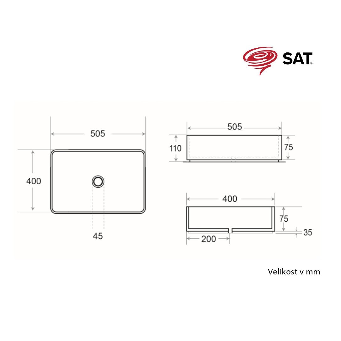 SATINF5040M SAT Infinitio 50 x 40 cm pravokotni beli nadpultni keramični umivalnik z mat zaključkom