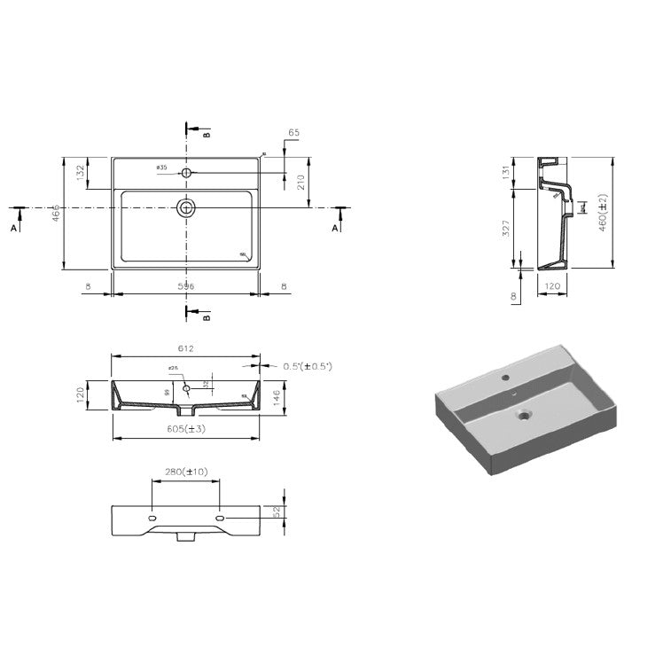 SATINF6046BKM SAT Infinitio 60 x 46 cm nadpultni keramični umivalnik z odprtino za armaturo črni