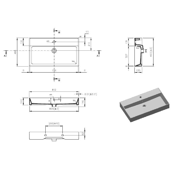 SATINF8046BKM SAT Infinitio 80 x 46 cm nadpultni keramični umivalnik z odprtino za armaturo črni